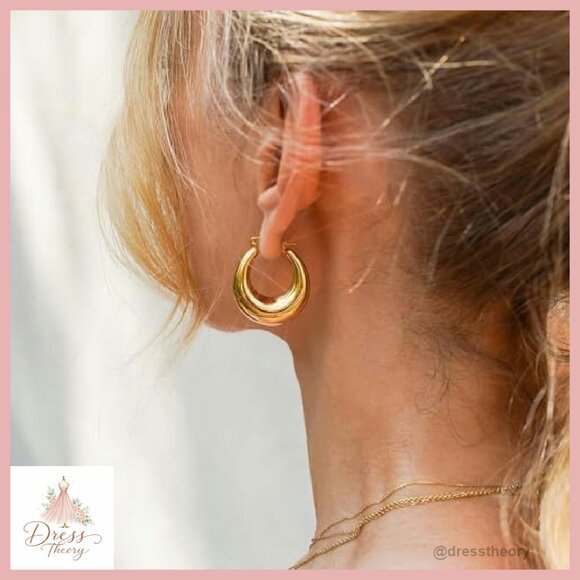 14K Gold Plated Chunky Triple Hoop Earrings Hypoallergenic 30mm - Picture 4 of 8